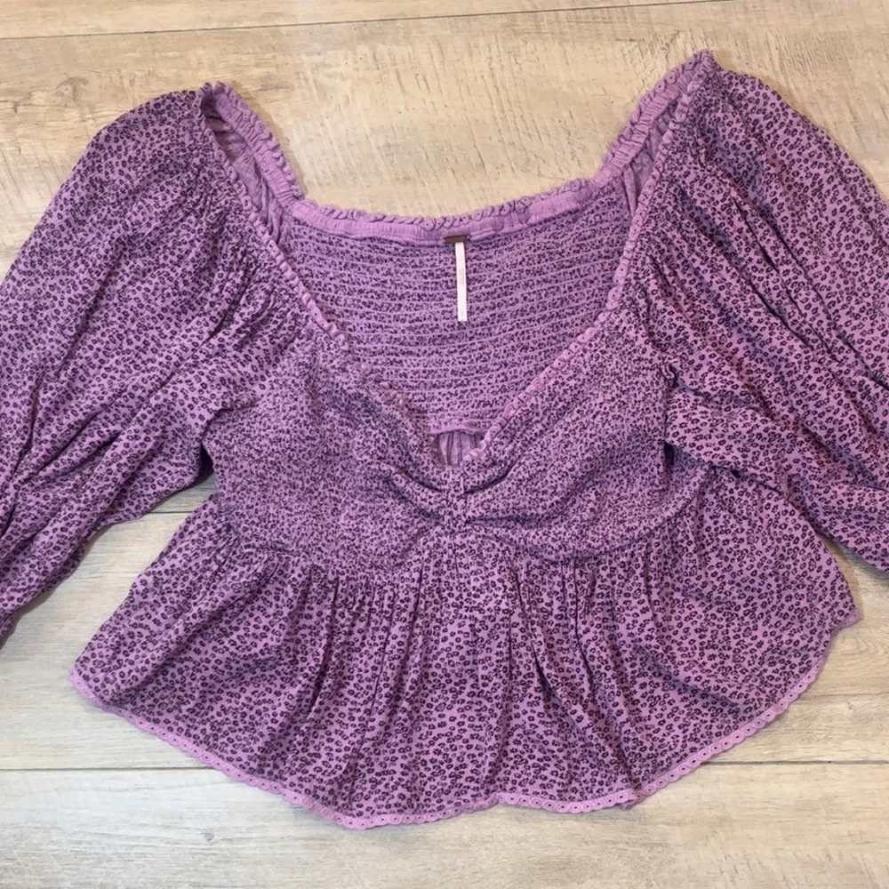Free People Brittnee Print Smocked Babydoll Silhouette Peplum Top Size Large - Picture 5 of 9